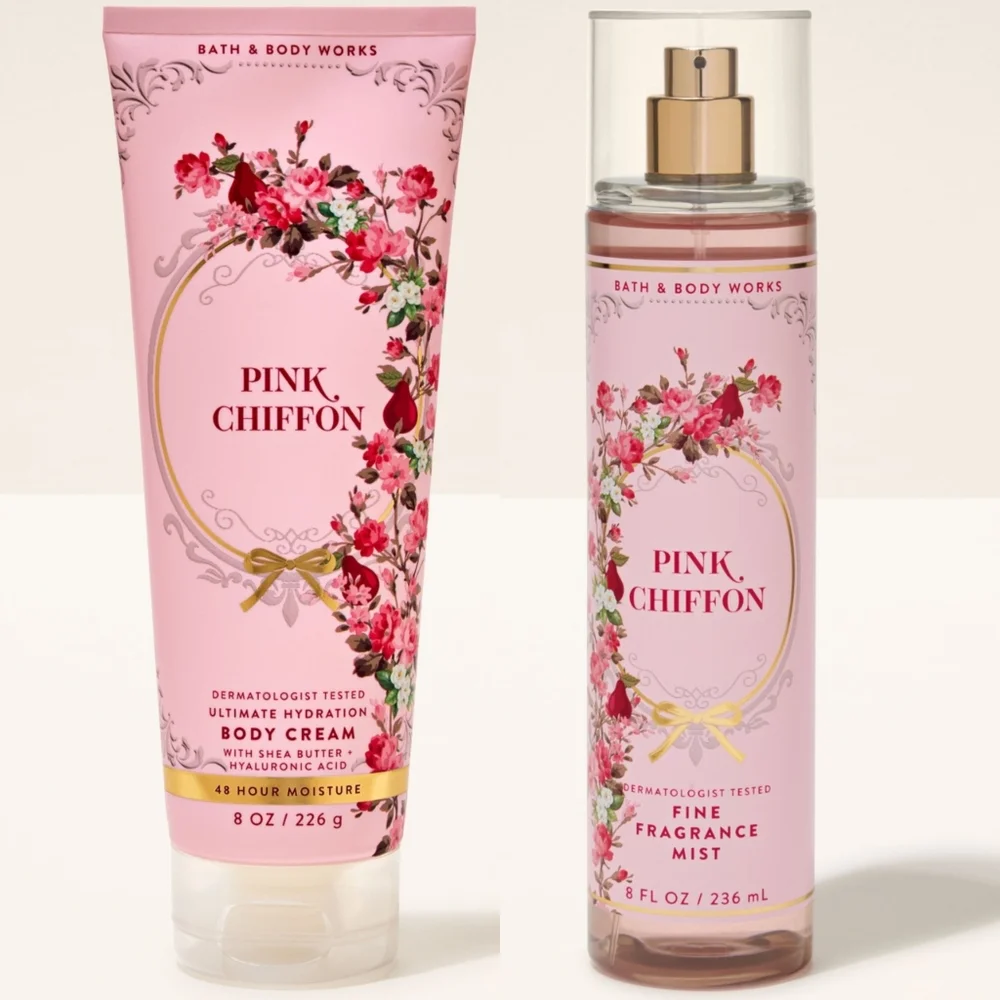 Bath & Body Works Pink Chiffon Body Cream and Fragrance Mist Set NEW Rare